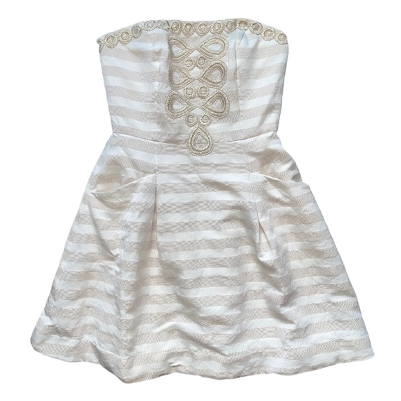 Lilly Pulitzer Blossom Cream Gold Striped Embroidered Strapless Silk Dre… - Picture 7 of 14